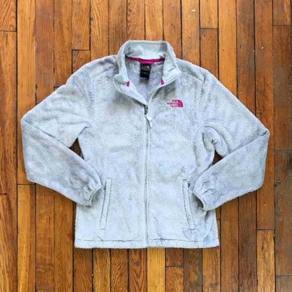 The North Face Osito Women Faux Fur Grey Pink Embroidered Zip Up Fleece Jacket - Picture 1 of 4